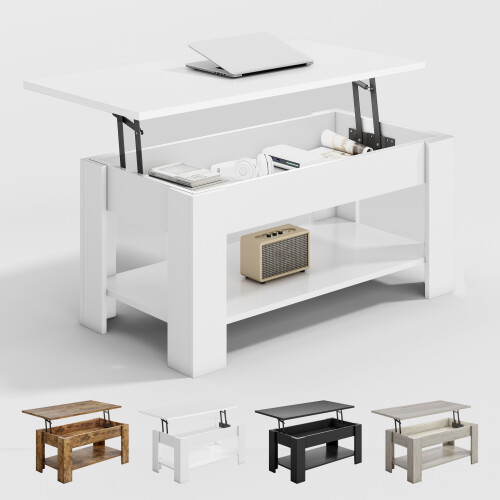 MCC Lift-Top Coffee Table with Hidden Storage & Open Shelf CARTER WHITE
