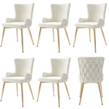 Set of 6 Beige Velvet Dining Chairs with Gold Metal Legs