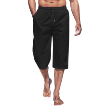 (Black, M) Pantaloni da uomo leggeri e larghi 7/8, con elastico in vita e coulisse, ideali per la spiaggia e lo yoga.