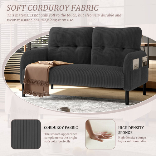 (Grey) Modern Upholstered 2-Seater Sofa with Side Pockets & Armrests 2