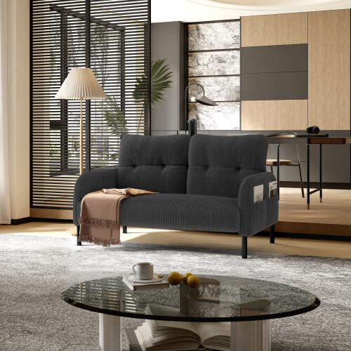 (Grey) Modern Upholstered 2-Seater Sofa with Side Pockets & Armrests