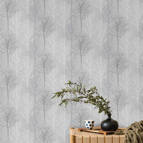 Grey Silver Tree Wallpaper Metallic Slightly Textured Feature Wall