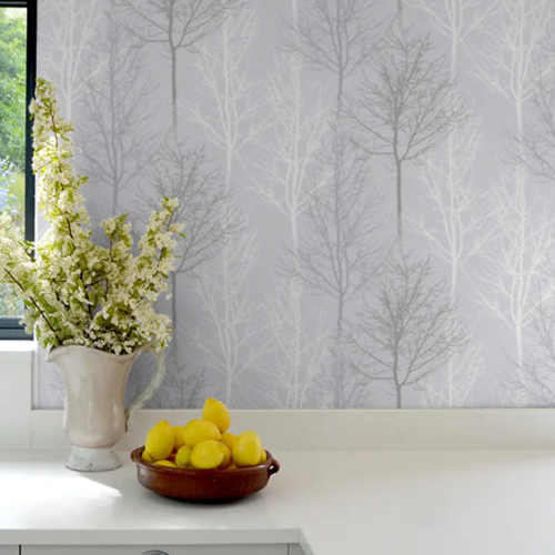 Grey Silver Tree Wallpaper Metallic Slightly Textured Feature Wall 2