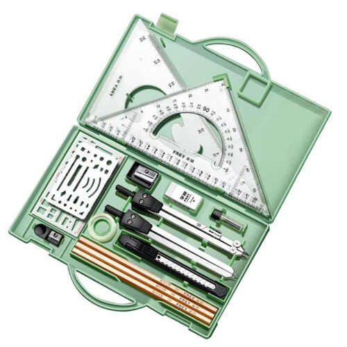Drafting Kit Metal Rulers and Compasses Geometry Kit Triangle Ruler Compass Protractor Set Green