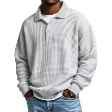 Long Sleeve Shirt for Men Waffles Knit Textured Lapel-White L