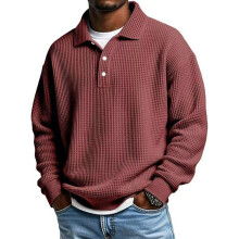 Classical Waffles Texture Men's Shirt Long Sleeve Button-Red M