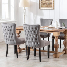 (Grey) Lux Velvet Tufted Kitchen Dining Chairs Set of 2