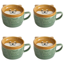 4X Japanese Cute Mug Ceramic Shiba Inu Panda Coffee Cup with Lid Home Couple Milk Breakfast Cup Water Cup(Green)