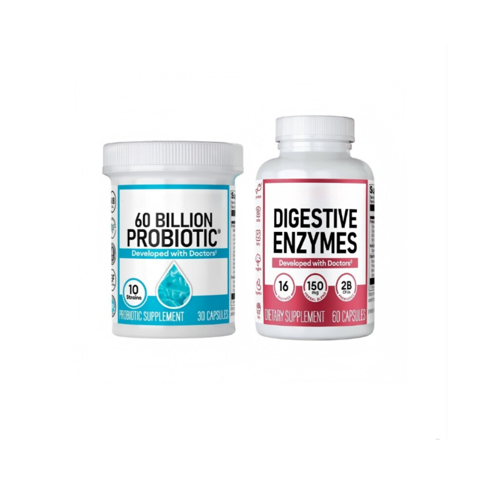 (Standard Bundle) Advanced Gut Health Bundle: 60 Billion Probiotics 30ct   Digestive Enzymes 60ct for Digestive, Gut, and Immune Health