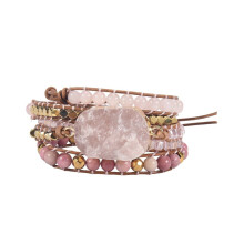 Natursteinarmband, Quarz-Lederarmband für Damen, Rosen-Edelsteine, Kristallperlen, Bohème-Schmuck
