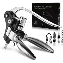 Wine Opener, Kitessensu Easy Lever Wine Corkscrew with No-stick Worm, 6-piece Wine Bottle Opener Set with Foil Cutter, Bottle Stopper, Pourer, Extra C