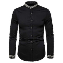 (M, black) Mens Embroidered Shirt Long Sleeve Shirt Casual Slim Fit Shirt
