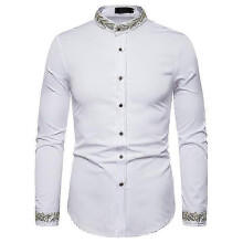 (S, white) Mens Embroidered Shirt Long Sleeve Shirt Casual Slim Fit Shirt