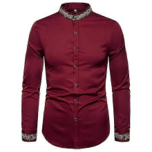 (2XL, red) Mens Embroidered Shirt Long Sleeve Shirt Casual Slim Fit Shirt