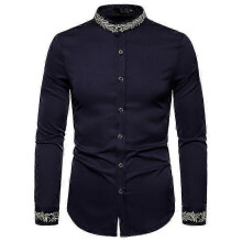 (XL, dark blue) Mens Embroidered Shirt Long Sleeve Shirt Casual Slim Fit Shirt