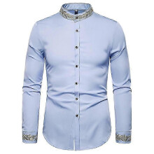 (L, light blue) Mens Embroidered Shirt Long Sleeve Shirt Casual Slim Fit Shirt