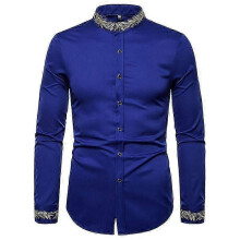 (S, blue) Mens Embroidered Shirt Long Sleeve Shirt Casual Slim Fit Shirt