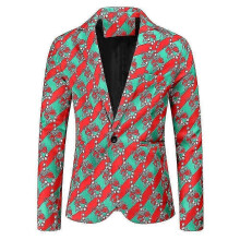 (2XL) Mens Xmas Novelty Printed Christmas Party Blazer Coat Long Sleeve Lapel Suit One Button Jacket V-neck Outerwear