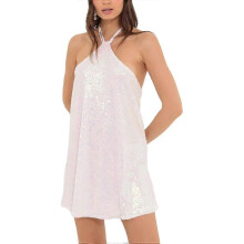 (Medium, Halter-white) Women Sparkly Sequin Mini Dress Spaghetti Strap Backless A-Line Back Hollow Out High Waist Elegant Party Dress