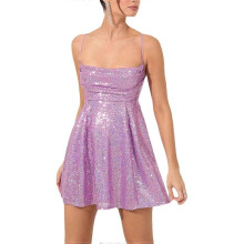 (X-Large, Purple) Women Sparkly Sequin Mini Dress Spaghetti Strap Backless A-Line Back Hollow Out High Waist Elegant Party Dress