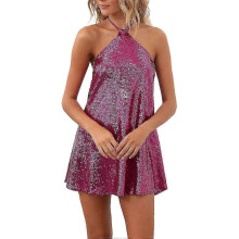 (Large, Halter-rose Red) Women Sparkly Sequin Mini Dress Spaghetti Strap Backless A-Line Back Hollow Out High Waist Elegant Party Dress