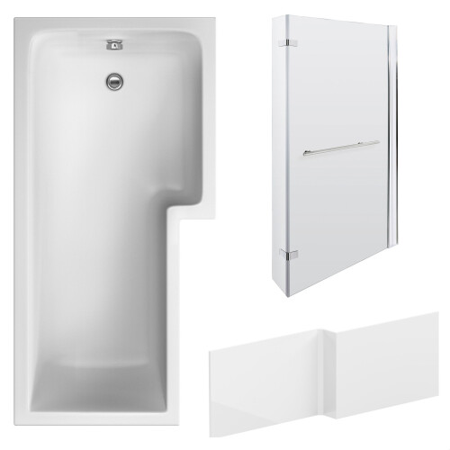 Balterley L Shape 1700x850 Shower Bath Set - Front Panel & Chrome Fixed Return Screen with Towel Rail, Right Hand 2