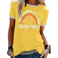(S, Yellow) Pride T-Shirt Women Rainbow Graphic Tee GOOD VIBES Letter Print Blouse LGBT Equality Shirts Casual Short Sleeve Tops