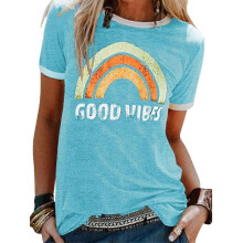 (2XL, Sky Blue) Pride T-Shirt Women Rainbow Graphic Tee GOOD VIBES Letter Print Blouse LGBT Equality Shirts Casual Short Sleeve Tops