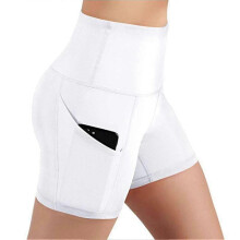 (S, White) Women's High Waisted Bike Shorts With 2 Side Pockets Workout Running Yoga Shorts For Yoga Exercise Fitness
