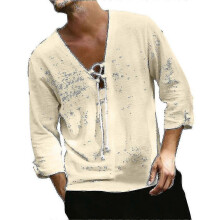(M, Light Blue) Men Cotton Linen Look 3/4 Sleeve T-shirt Summer Beach Casual V Neck Lace Up Tops Zekai