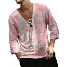 (XL, Pink) Men Cotton Linen Look 3/4 Sleeve T-shirt Summer Beach Casual V Neck Lace Up Tops Zekai