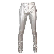 (EU 33, Silver) Mens Casual Thick Slim Fit Straight Leather Pants
