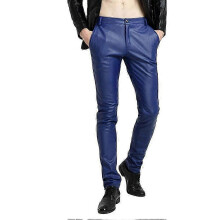 (EU 34, Blue) Mens Casual Thick Slim Fit Straight Leather Pants