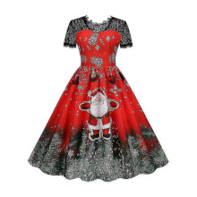 (3XL, Red) Vintage Women Christmas Santa Claus Printed Lace Short Sleeve A-line Dress