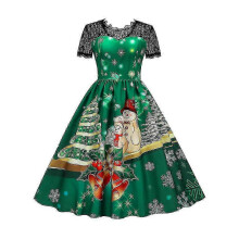 (S, Green) Vintage Women Christmas Santa Claus Printed Lace Short Sleeve A-line Dress