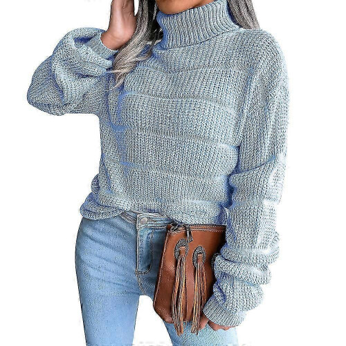 (M, BLUE) Womens Winter Solid Turtleneck Balloon Long Sleeve Sweaters Pullover Outerwear