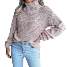 (S, PINK) Womens Winter Solid Turtleneck Balloon Long Sleeve Sweaters Pullover Outerwear