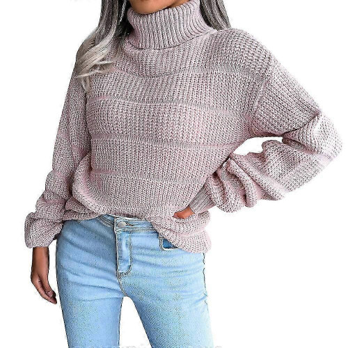 (M, PINK) Womens Winter Solid Turtleneck Balloon Long Sleeve Sweaters Pullover Outerwear