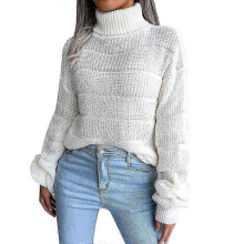 (S, WHITE) Womens Winter Solid Turtleneck Balloon Long Sleeve Sweaters Pullover Outerwear