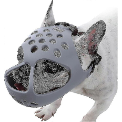 (M, Gray) Short Snout Dogs Muzzle - Soft Silicone Breathable Bulldog Muzzle for Biting, Chewing, Licking