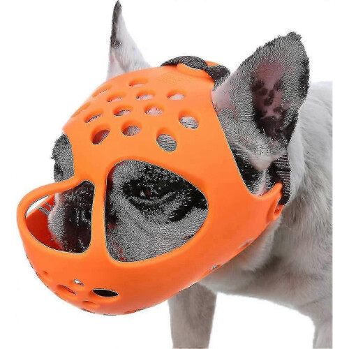 (M, Orange) Short Snout Dogs Muzzle - Soft Silicone Breathable Bulldog Muzzle for Biting, Chewing, Licking