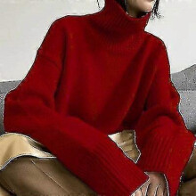 (L, red) Autumn And Winter New Thick Cashmere Sweater Women High Neck Pullover Sweater Warm Loose Knitted Base Sweater Jacket Tops Zekai