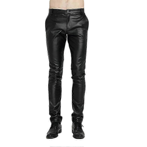 (EU 29, Black) Mens Casual Thick Slim Fit Straight Leather Pants 1