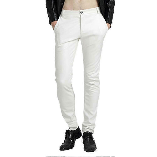 (EU 32, White) Mens Casual Thick Slim Fit Straight Leather Pants 1