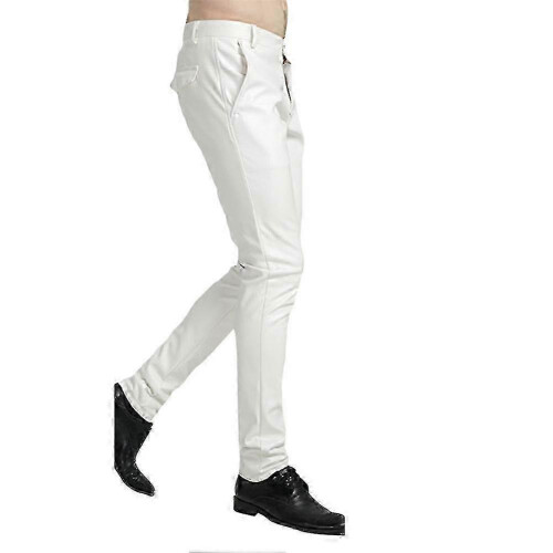 (EU 32, White) Mens Casual Thick Slim Fit Straight Leather Pants 2