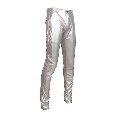 (EU 33, Silver) Mens Casual Thick Slim Fit Straight Leather Pants 2