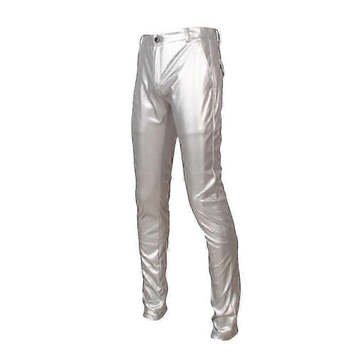 (EU 29, Silver) Mens Casual Thick Slim Fit Straight Leather Pants 1