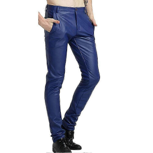 (EU 30, Blue) Mens Casual Thick Slim Fit Straight Leather Pants 1