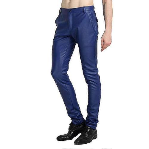 (EU 30, Blue) Mens Casual Thick Slim Fit Straight Leather Pants 2