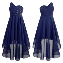 (10, Navy Blue) Teens Wedding Flower Girls Dress Elegant Shiny Rhinestone Beaded One Shoulder Hi-Lo Chiffon Party Dresses Birthday Evening Gown